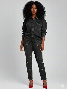 Jeweled Charcoal Gray Denim Jeans - Size 10 - Crystal Embellished